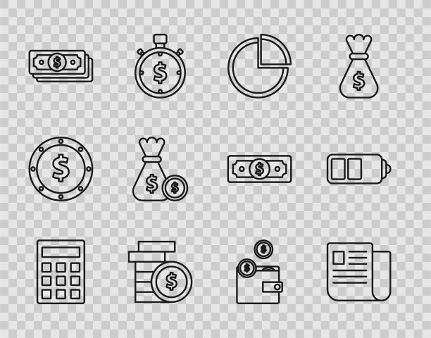 设置直线计算器，文件文件，饼图信息图，硬币与美元符号，堆栈纸现金，钱袋和硬币，钱包硬币和电池充电水平指示图标。向量图片下载