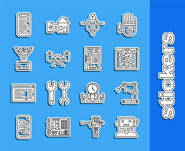 集线机器人，全球科技社交网络，无人机飞行与动作相机，远程无人机，计算机api接口和电子计算机部件主板数字芯片图标。向量图片下载