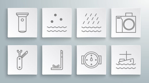 设置线瑞士军刀，寒冷和波浪，通气管，风玫瑰，在水上的渔船，雨，潜水员和手电筒图标的照片相机。向量图片下载