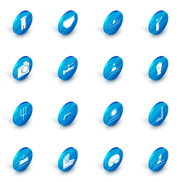 集泳裤，鱼翅海浪，瑞士军刀，潜水员摄影相机，海王星三叉戟，工业金属管道和阀门，海上图标升降袋和浮筒。向量图片下载