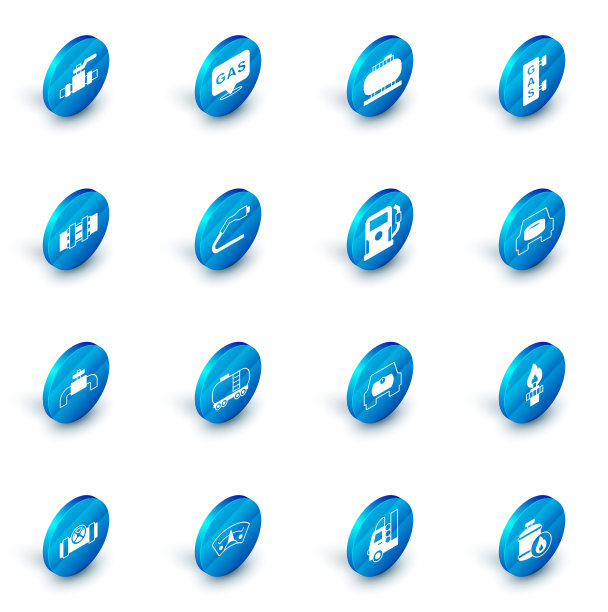 设置位置和加油站，油箱储存，加油，金属管道阀门，电线插头充电，备用车轮汽车和汽油图标。向量图片下载