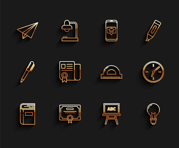 设置线书，证书模板，纸飞机，黑板，灯泡概念的想法，时钟和量角器网格测量度数图标。向量图片下载