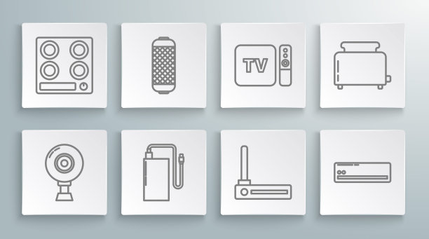 可设置线网摄像头、不同充电电缆的电源、路由器和wi-fi信号、空调、电视盒接收器、播放器遥控器、烤面包机和煤气炉图标。向量图片下载
