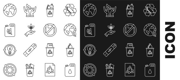 设置汽油罐、带有回收标志的回收站、地球仪和树叶、环保的植物之手、生物燃料罐和对塑料袋说不的海报图标。向量图片下载