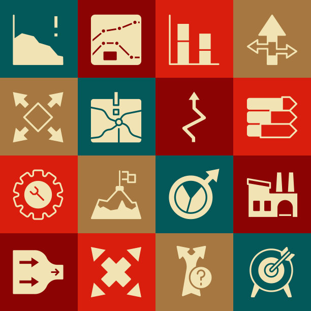 设置目标，工厂，饼图信息图，图形，图表，图表，交点，许多方向箭头，财务增长下降和箭头图标。向量图片下载