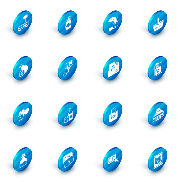 设置酱汁瓶，鱼价标签，购物篮，梨，鸡蛋，安全摄像头，橄榄油瓶和收银机图标。向量图片下载