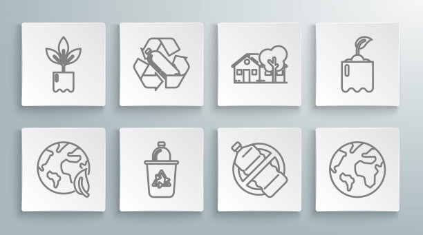 设置线地球仪和树叶，回收塑料瓶，回收站与回收标志，没有，环保的房子，发芽和植物图标。向量图片下载