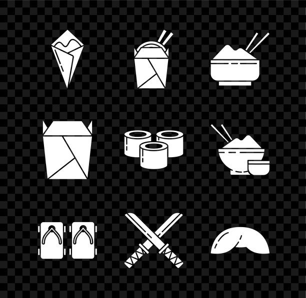 集Temaki卷，米饭碗，Geta传统日本鞋，传统武士刀，中国幸运饼干，餐厅开外卖填和寿司图标。向量图片下载