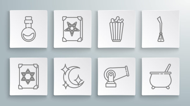 古老的魔法书，月亮和星星，大炮，女巫坩埚，盒子里的爆米花，女巫扫帚和瓶子的爱情药水图标。向量图片下载