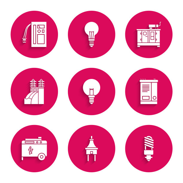设置灯泡，电插头，LED灯，汽车电池，便携式电力发电机，核电站，柴油和电池图标。向量图片下载