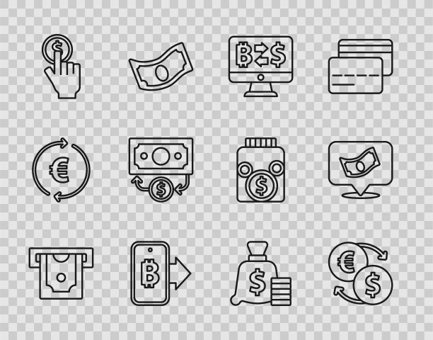 设置线ATM和货币，货币交换，加密货币，挖掘比特币从移动，手握，叠纸现金，包和图标。向量图片下载