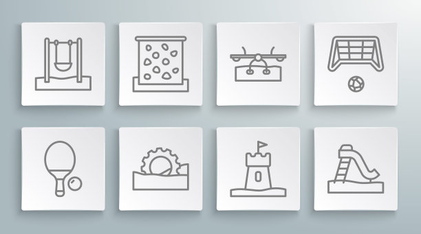 设置线球拍和球，攀岩墙，摩天轮，沙塔，儿童滑梯，跷跷板，足球球门和秋千图标。向量图片下载