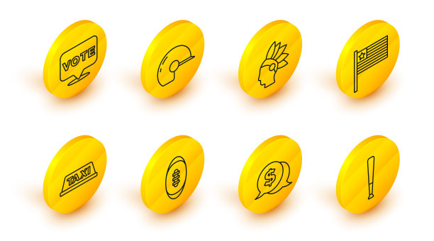 设置线棒球棒，硬币与美元，美式足球，出租车车顶，旗帜，印第安人，头盔和投票图标。向量图片下载