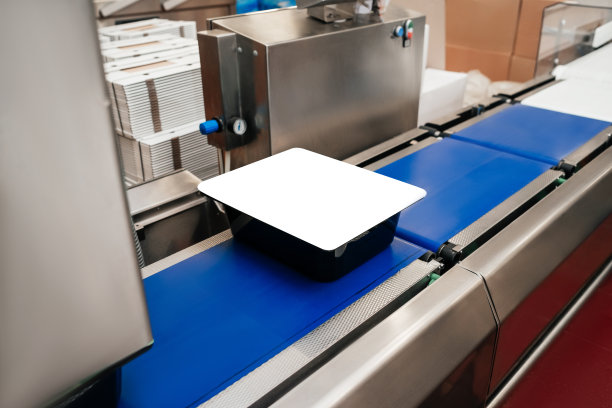 鸡柳生产线。用肉类生产食品的工厂。现代家禽加工厂。传送带上的食物。肉的工厂。图片下载