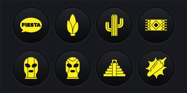 设置墨西哥摔跤手，地毯，奇琴伊察在玛雅，仙人掌，玉米，辣椒辣椒荚和节日图标。向量图片下载
