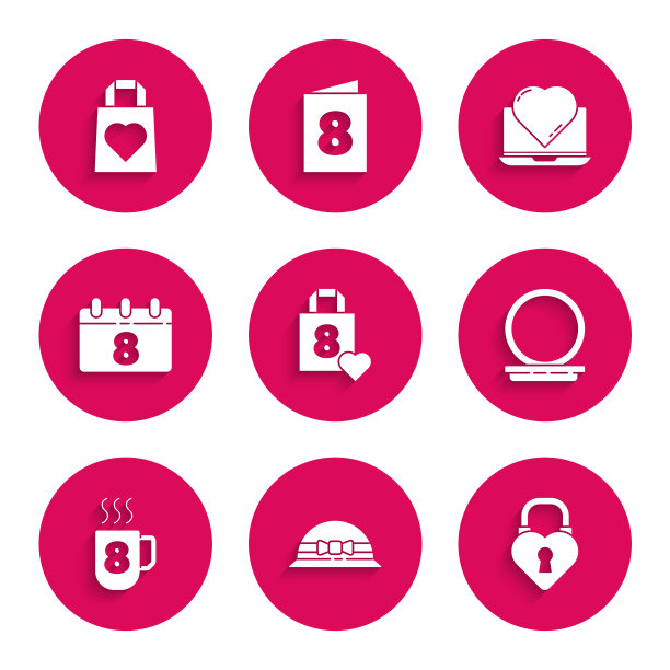 集购物袋与心，优雅的妇女帽子，城堡的形状，化妆粉镜，咖啡杯3月8日，日历，在线约会应用程序和聊天和图标。向量图片下载