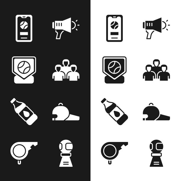 设置棒球队球员，棒球，移动，扩音器，瓶子水，帽子，奖励杯和哨子图标。向量图片下载