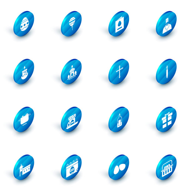 设置气球与丝带，贺卡复活节快乐，牧师，燃烧的蜡烛，鸡蛋火锅，蛋糕鸡蛋，画笔和基督教十字架图标。向量图片下载