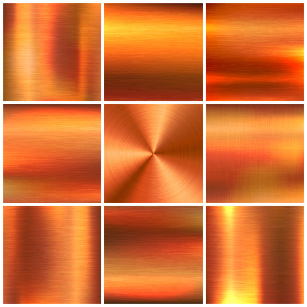 现实的铜横幅收集。拉丝不锈钢板。抛光金属表面。工业质感，金属底色。矢量图图片下载