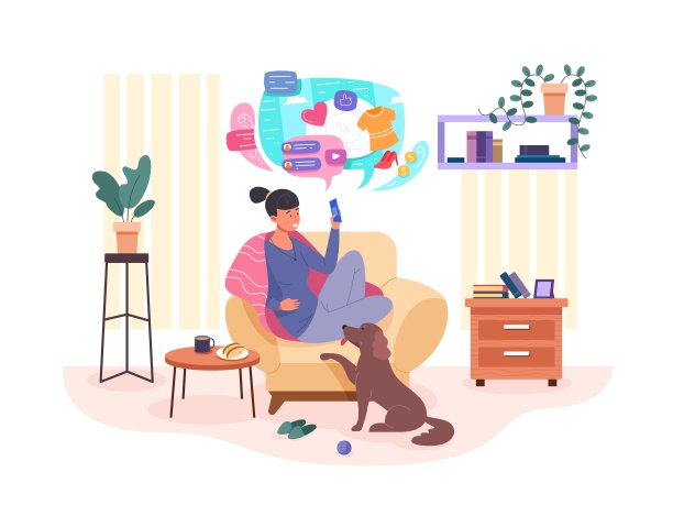 扶手椅上有电话的女人。女孩在家坐在椅子上用智能手机上网，在室内宠物上网或聊天，舒适的房间休闲花哨的矢量插图图片下载