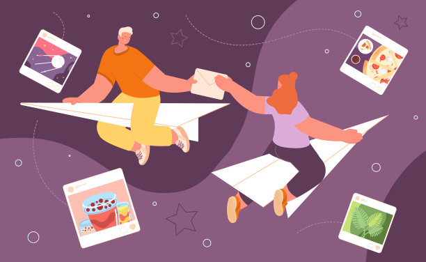 人们在纸飞机上。摘要在线会议，电子邮件发送的概念。飞行的年轻男女，在社交媒体上交流，完全矢量概念图片下载