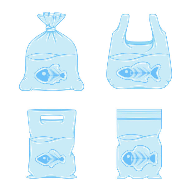 集蓝色插图与阴影从塑料袋，包装与鱼和骨骼。孤立的矢量对象。图片下载