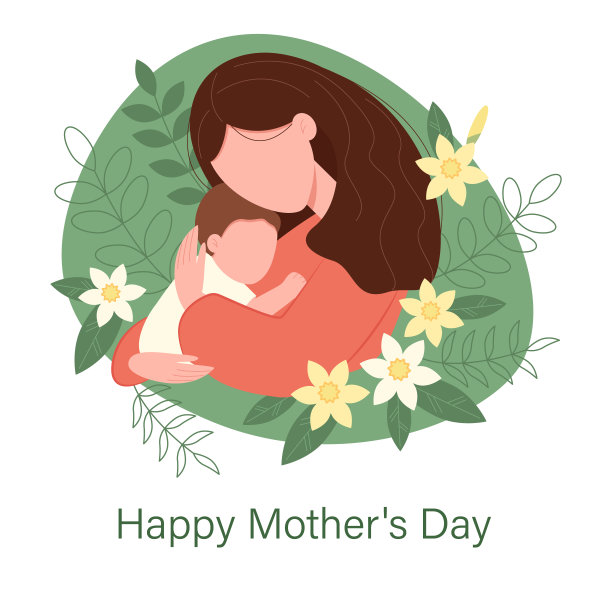 母亲节卡片。怀里抱着婴儿的女人。绿色背景上的植物和花朵。矢量图图片下载