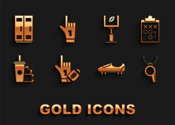 设置1号手指举起的扇子手套和美式足球、球门柱、更衣室、足球、篮球队的工作人员和图标。向量图片下载