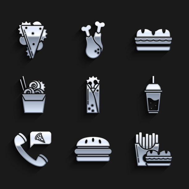 设置多纳烤肉串，汉堡，炸薯条在纸箱包装盒，一杯柠檬水与饮用吸管，食品订购披萨，亚洲面条纸筷子，三明治和图标。向量图片下载