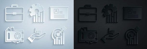 设置资金在手，董事会与简历，安全的钱，目标图表，饼信息图和公文包图标。向量图片下载