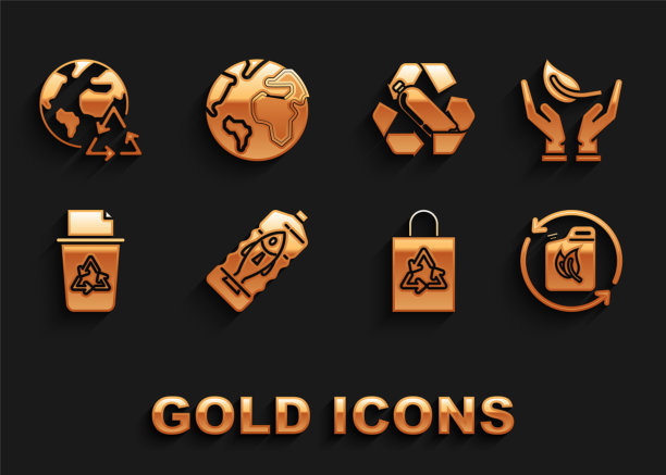 设置停止海洋塑料污染，生物燃料罐，塑料袋与回收，回收站符号，回收瓶，地球回收和地球地球仪图标。向量图片下载