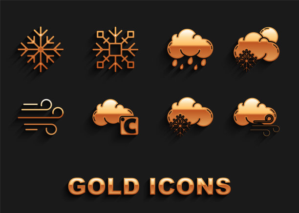 设置摄氏和云，云与雪太阳，风天气，雨，雪花和图标。向量图片下载