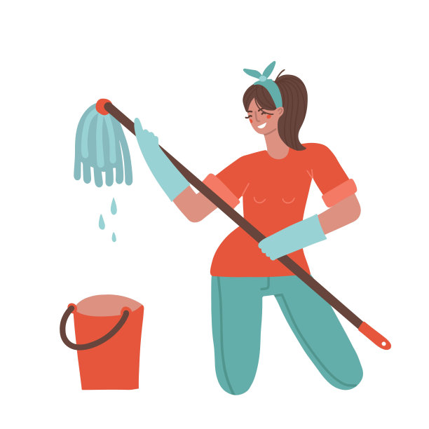 充满乐趣的房屋春季大扫除。快乐的主妇在打扫时唱歌，拿着拖把跳舞，享受家务劳动。女保洁员以愉悦的理念整理她的家。矢量图图片下载