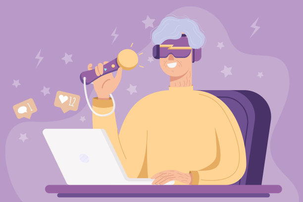 玩电子游戏的老太太，戴着耳机玩电脑的老玩家。图中白发苍苍的老奶奶坐在扶手椅上玩电脑游戏。图片下载