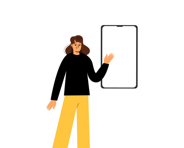 这位女士指着一部手机的屏幕是空的。一个女人站在电话机旁。矢量图图片下载