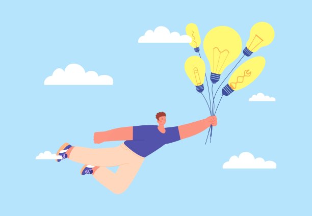 人与思想的隐喻。业务问题的解决方案。有梦想有想法的人。创造者或梦想家，骑着灯泡气球在天空飞翔的人，矢量概念图片下载