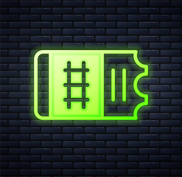 霓虹灯火车票图标孤立在砖墙背景上。铁路旅行。向量图片下载