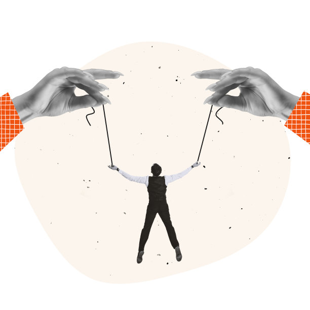 当代艺术拼贴。大手握着商人，像木偶一样操纵图片下载