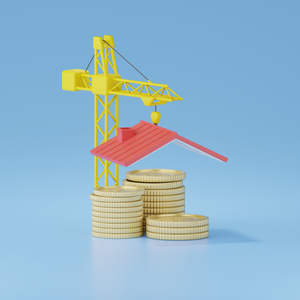 金币的3d渲染和由塔吊吊起的房子屋顶。图片下载