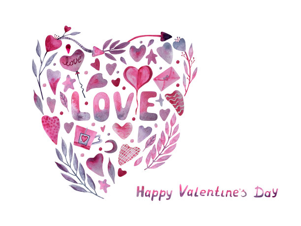 水彩情人节的心与星星，不同的心，树枝，鲜花和单词“爱”孤立在一个白色的背景图片下载