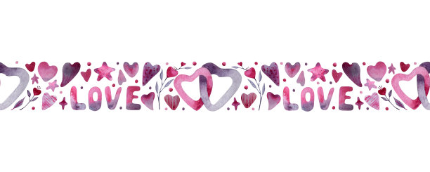 水彩无缝图案，情人节边框。两颗交织在一起的心、星星、鲜花和题词“爱”。手绘插图在一个白色的背景图片下载