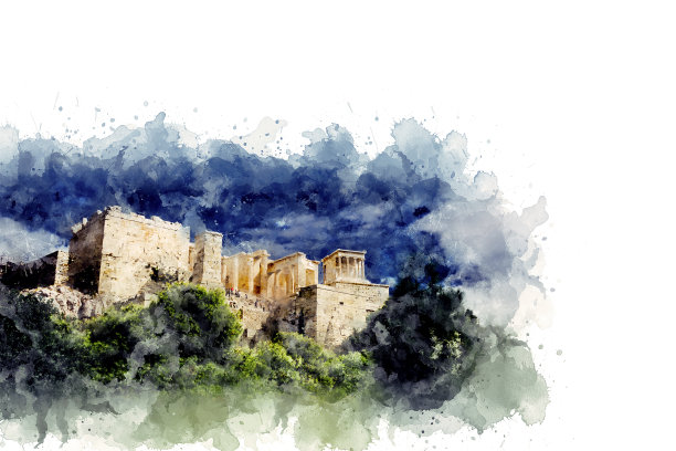 水彩绘画。希腊雅典卫城山景图片下载