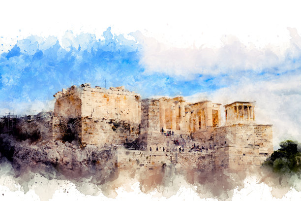 水彩绘画。希腊雅典卫城山景图片下载