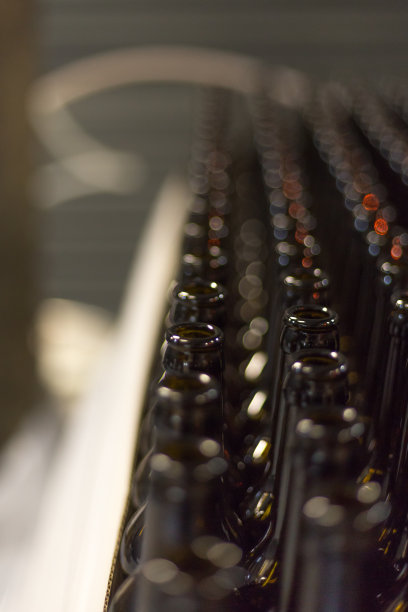 玻璃产品。瓶饮料。工业工作，食品和饮料的自动化生产。本地啤酒生产线的详细介绍，工厂有许多瓶在传送带上图片下载