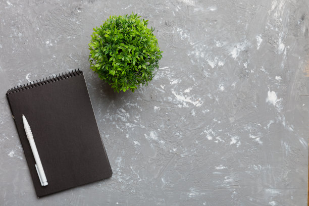 现代办公桌椅与笔记本等用品搭配绿树成荫。空白笔记本页为您设计。俯视图，平躺图片下载