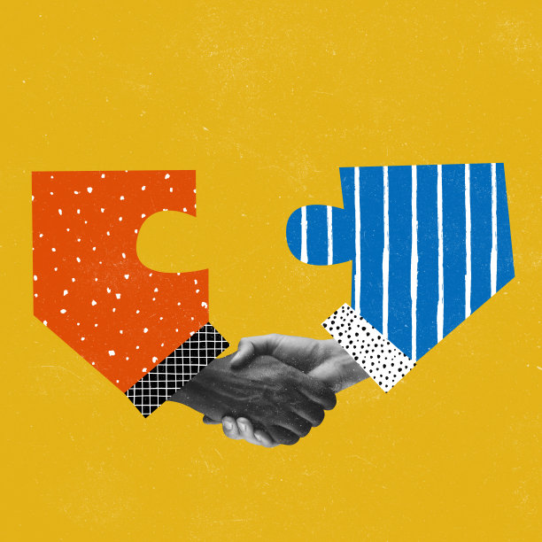 在充满活力的颜色背景下，手与彩色拼图美学，艺术品。商业、社区、职业、象征主义、超现实主义的概念。图片下载