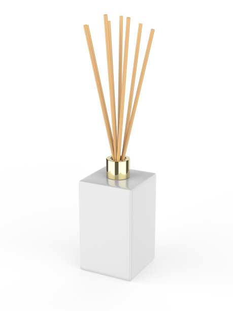空白芦苇扩散香气棒香味香水立方瓶与纸盒包装为模板。图片下载