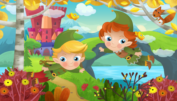 卡通场景与自然森林公主和城堡图片下载