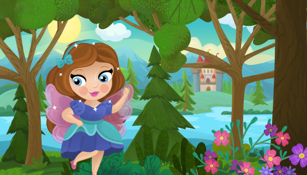 卡通场景与自然森林公主和城堡图片下载