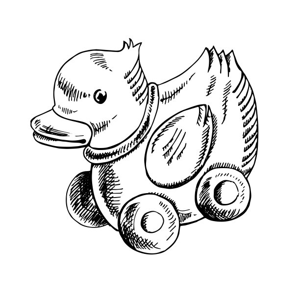 一幅用墨水手绘的带轮子的木制玩具鸭子草图。轮廓在一个白色的背景，老式的矢量插图。标签，包装和卡片设计的复古草图元素图片下载